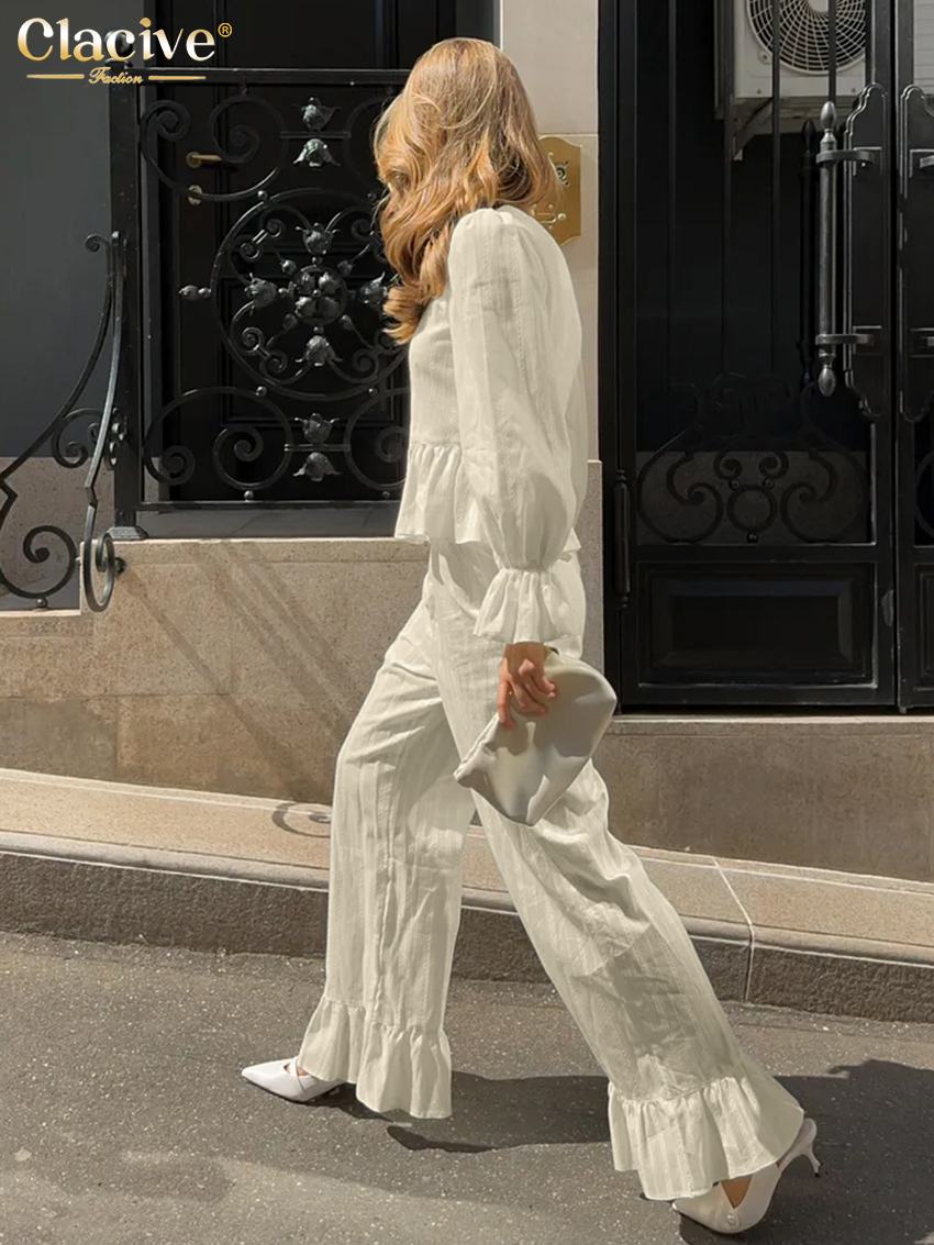 Clacive mode ample Beige coton 2 pièces ensemble femmes élégant à manches longues chemise avec taille haute large pantalon ensemble femme vêtements