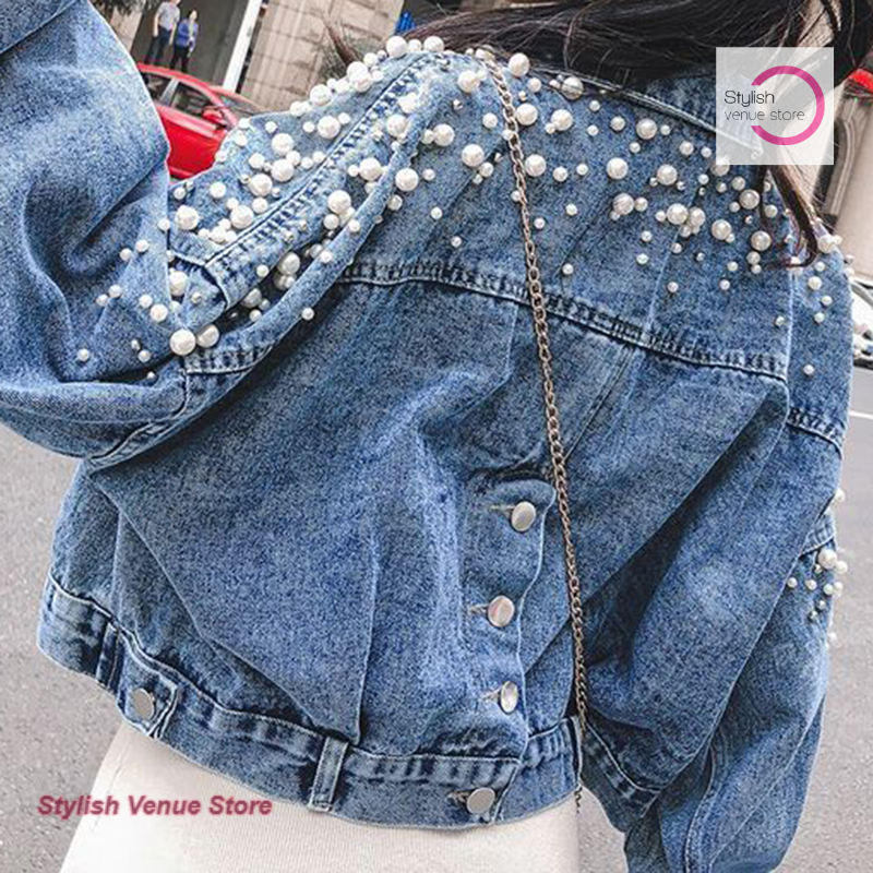 Veste en jean ample à perles style coréen pour femme, nouvelle collection printemps-automne, couleur unie, manteau décontracté élégant.