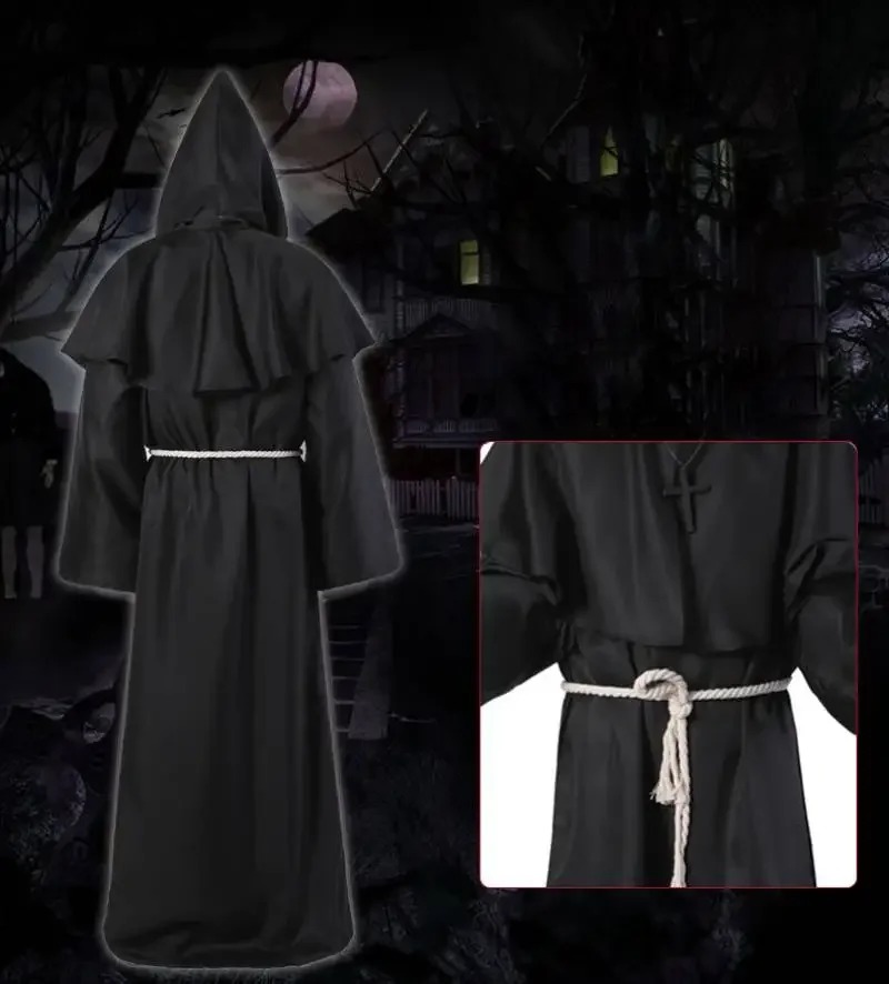 Robe de Costume de docteur de la peste du clergé de moine médiéval, Robe pour hommes adultes, capuche de prêtre, Cape chrétienne, tenue d'halloween, châle