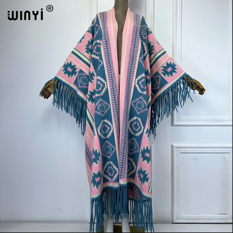 WINYI Cardigan à franges pour femme, manteau de luxe de Dubaï, manteau ample, vêtements d'extérieur d'hiver pour femme, robe longue en duvet, بالطو