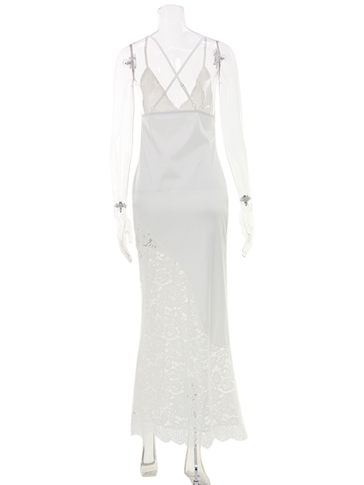 Robes longues sexy en dentelle patchwork pour femmes, sans manches, col en V, élégantes, pour club, tenues moulantes pour rendez-vous galants, coupe ajustée