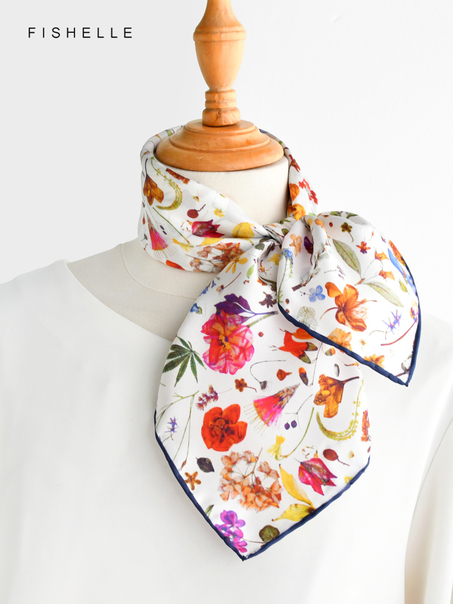 Foulard 100% soie imprimé Floral blanc pour femme, foulard enveloppant, châle en sergé de 50cm, carré, cadeau de luxe, printemps et automne