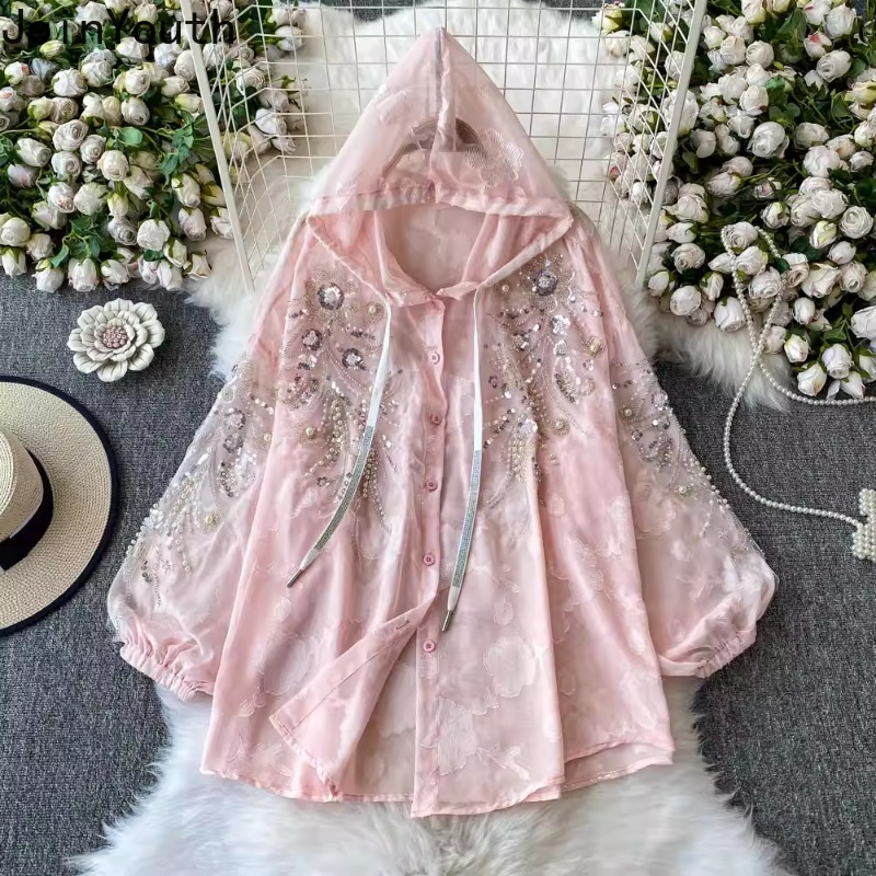 2025 Blusas Mujer De Moda lourd paillettes perles Blouse femmes vêtements à manches longues chemises à capuche amples tempérament hauts femme