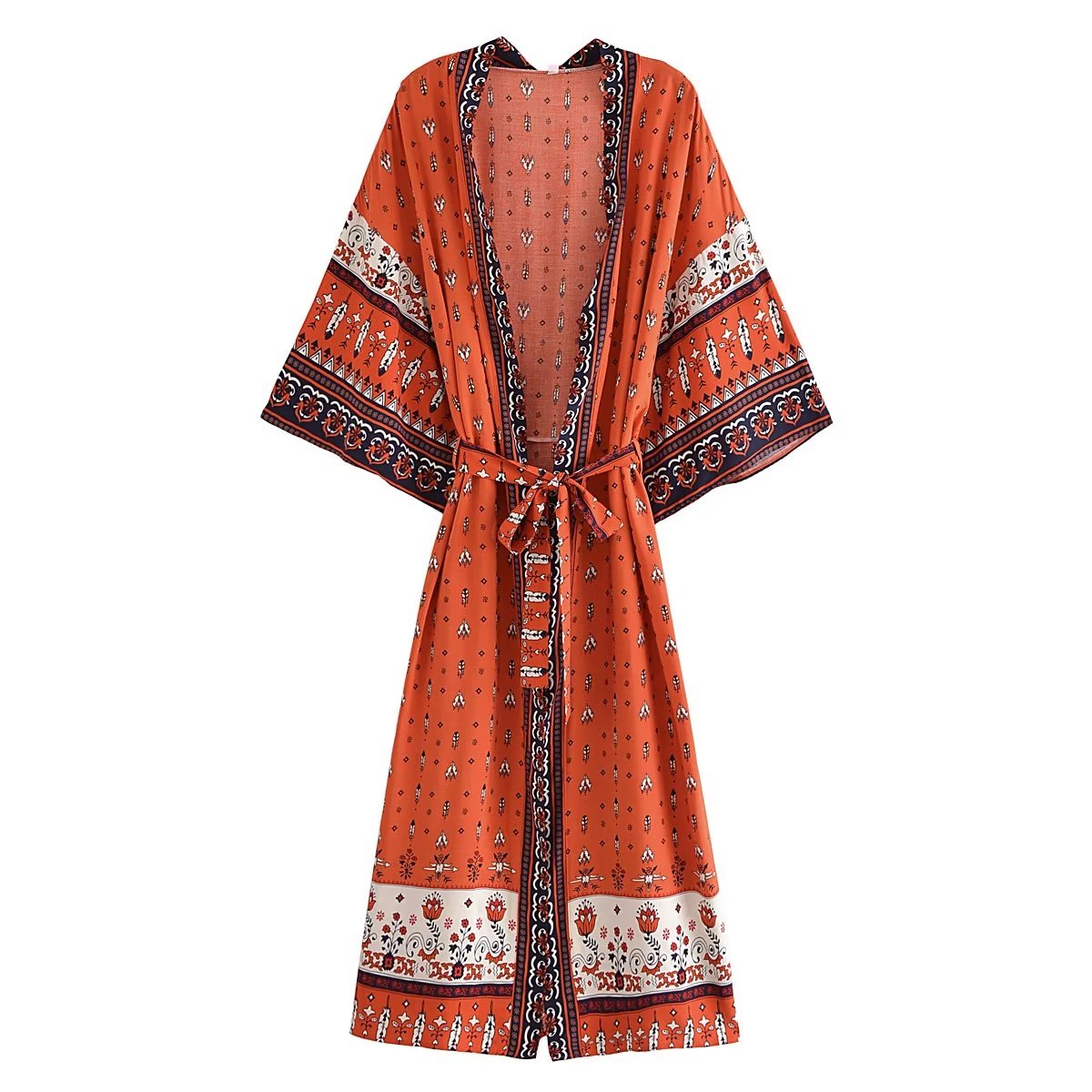 Kimono style bohème pour femmes, vintage, imprimé floral, ceintures, boho, col en V, manches chauve-souris, rayonne, robe maxi, couverture