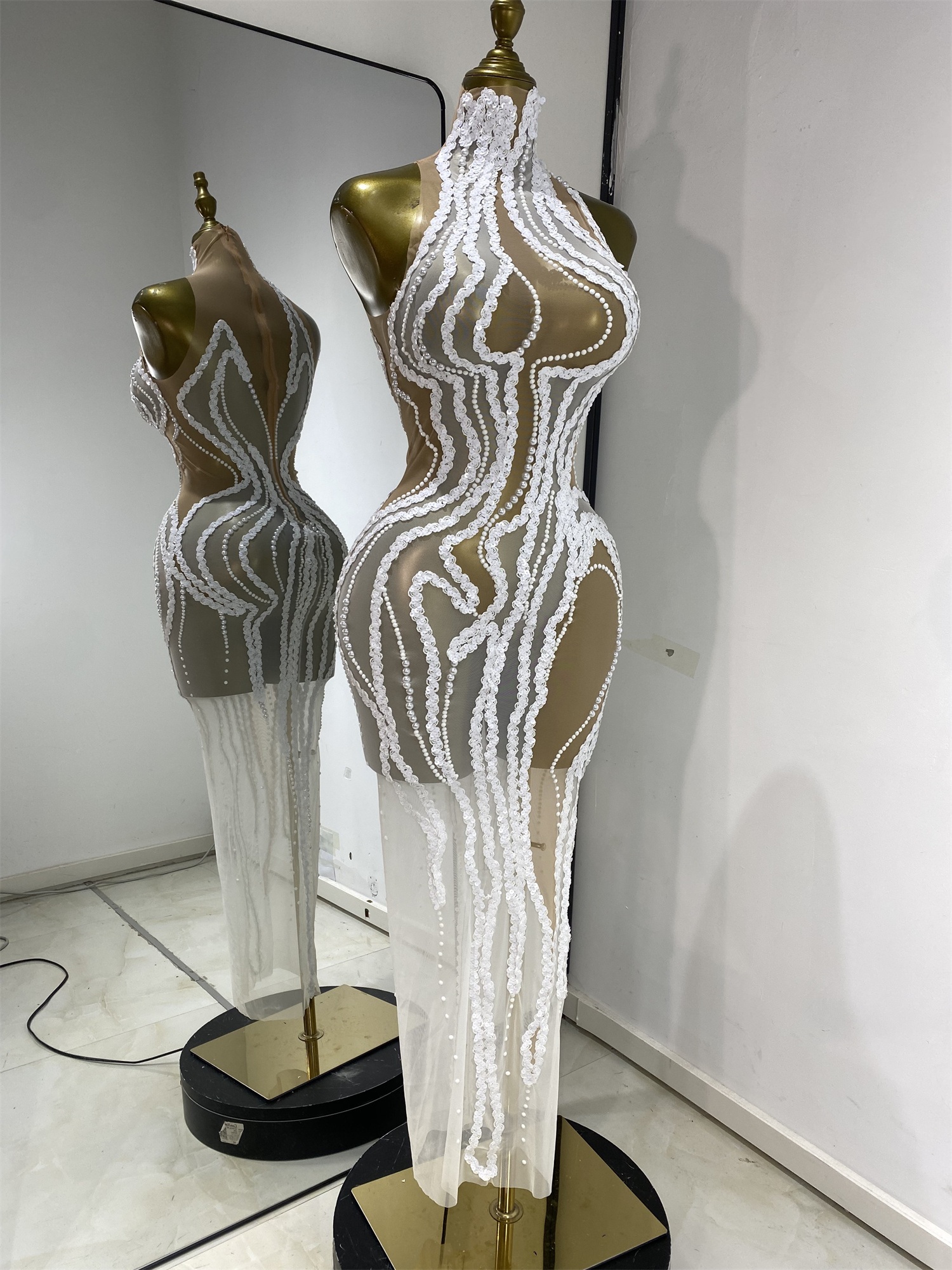 Robe de soirée pour femme, sexy, à paillettes, perles, transparente, longue, pour anniversaire, boîte de nuit, séance photo, soirée