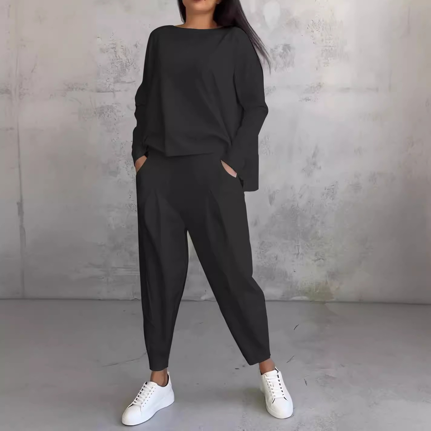 Ensemble de survêtement pour femme, 2 pièces, col rond, manches longues, t-shirt ample, pantalon uni avec poches, style décontracté