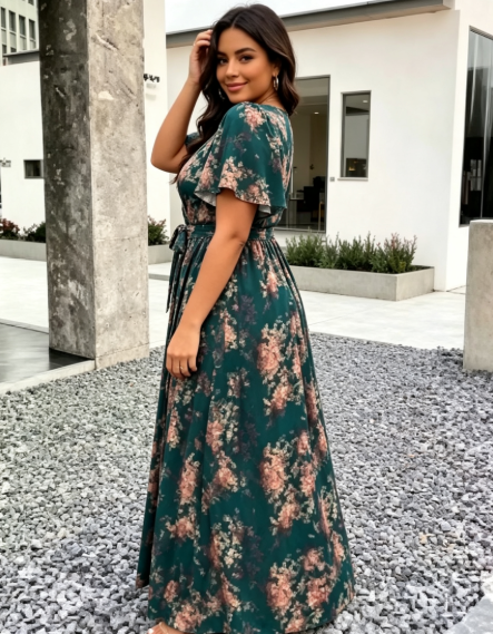 Robe longue élégante à imprimé bohème vert turquoise et marron pour femmes, col croisé, design à ourlet en A, convient aux occasions formelles