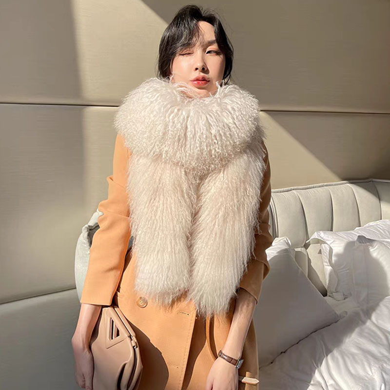 Écharpe en vraie fourrure de mongolie pour femme, épaisse, longue et chaude, en fourrure du Tibet, moelleuse, de luxe, à la mode, hiver 2023