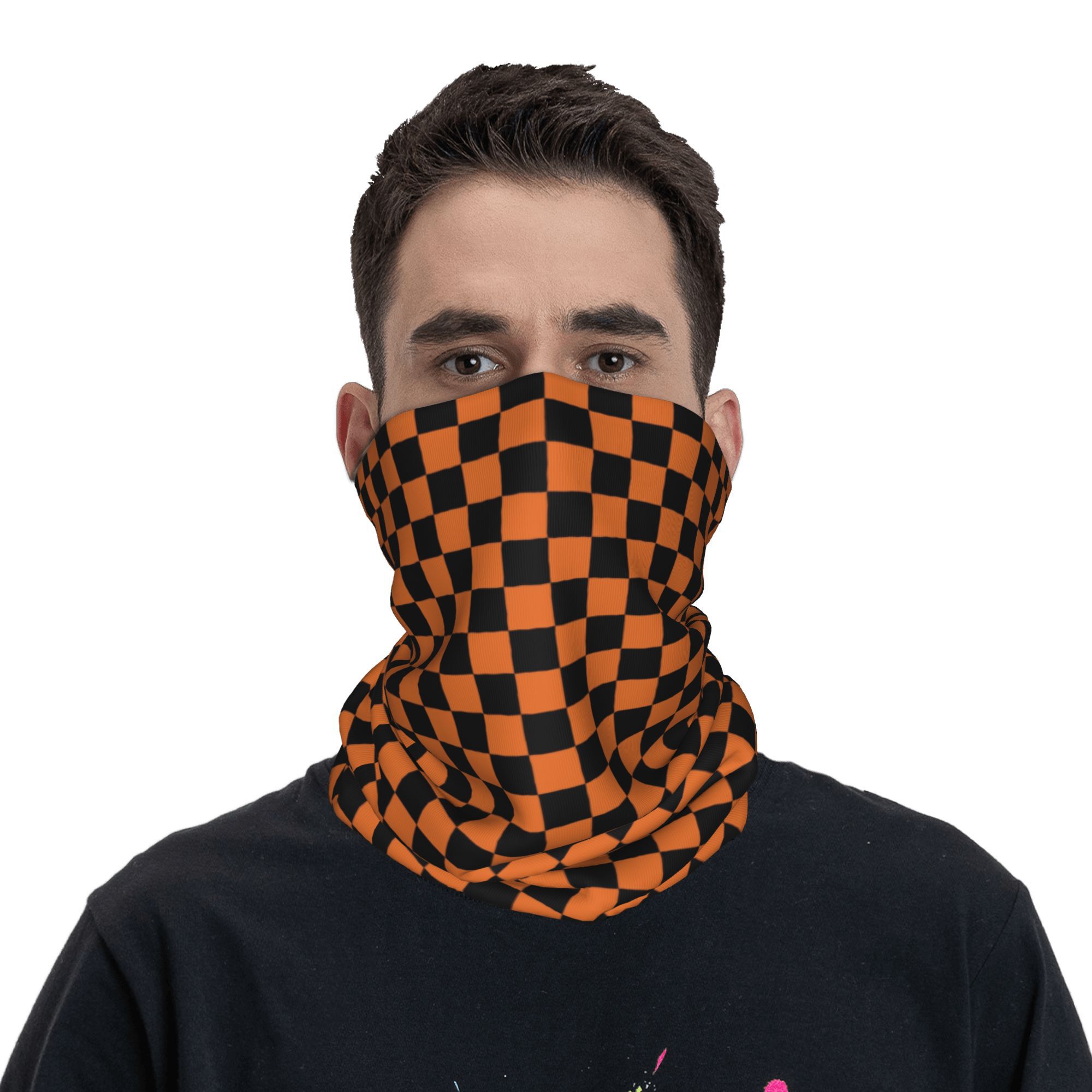 Bandana à motif à carreaux Orange et noir personnalisé, cache-cou, écharpe faciale, couverture pour hommes et femmes, bandeau géométrique à carreaux, cagoule tubulaire