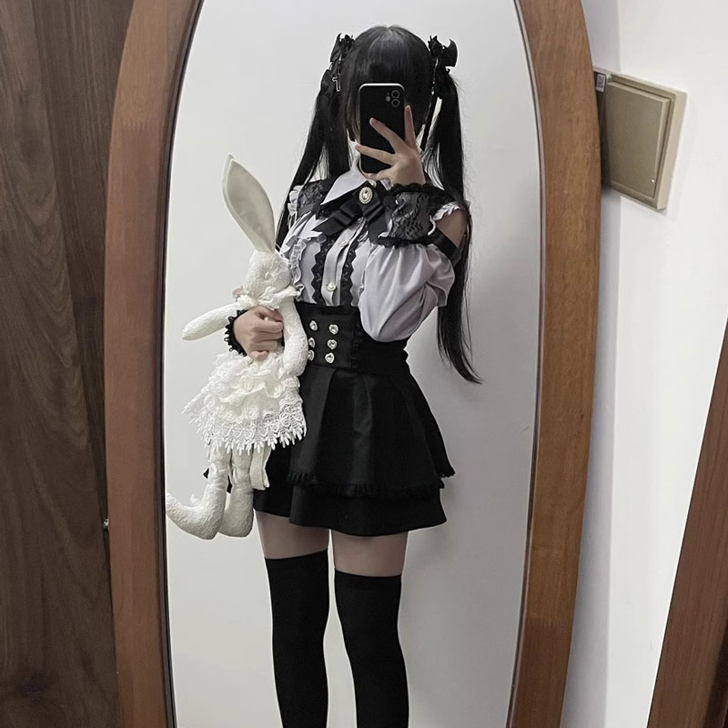Ensemble chemise et jupe Lolita Jirai Kei pour filles, chemise à manches longues avec nœud Kawaii, jupes noires, style japonais Y2K, ensemble élégant pour femmes