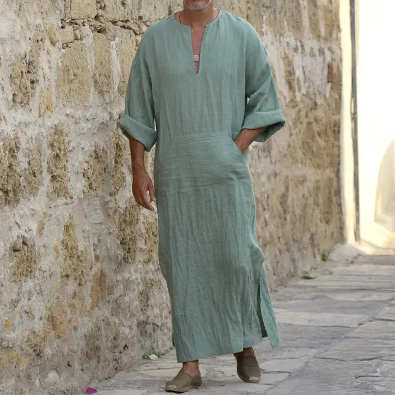 Hommes lin doux Robes musulmanes Abaya dubaï arabe robe islamique vêtements caftan Jubba Thobe Qamis Homme Islam Costumes traditionnels $