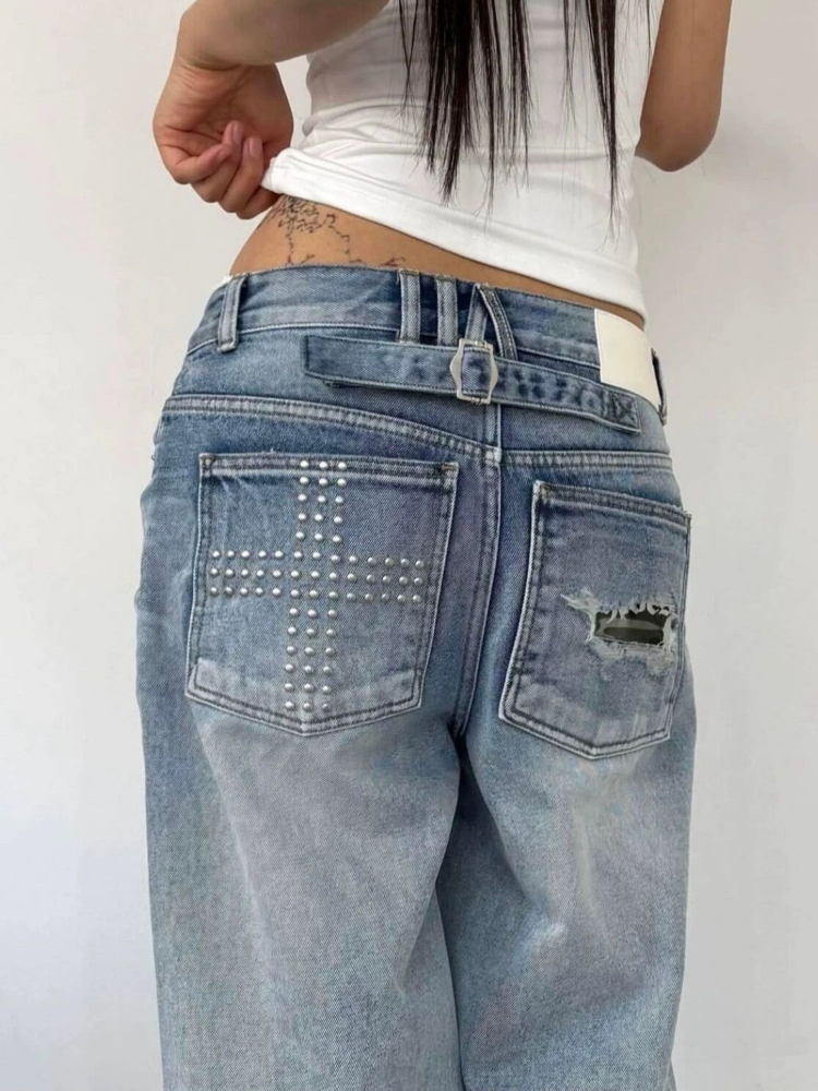 Jean d'été pour femme délavé, effet vieilli, avec strass, style vintage américain Y2K, coupe droite ample, jambe large et tombé fluide