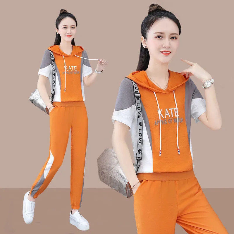 Survêtement de mode pour femmes 2025 printemps été nouveau ensemble deux pièces à capuche manches courtes haut court et pantalon coréen grande taille vêtements