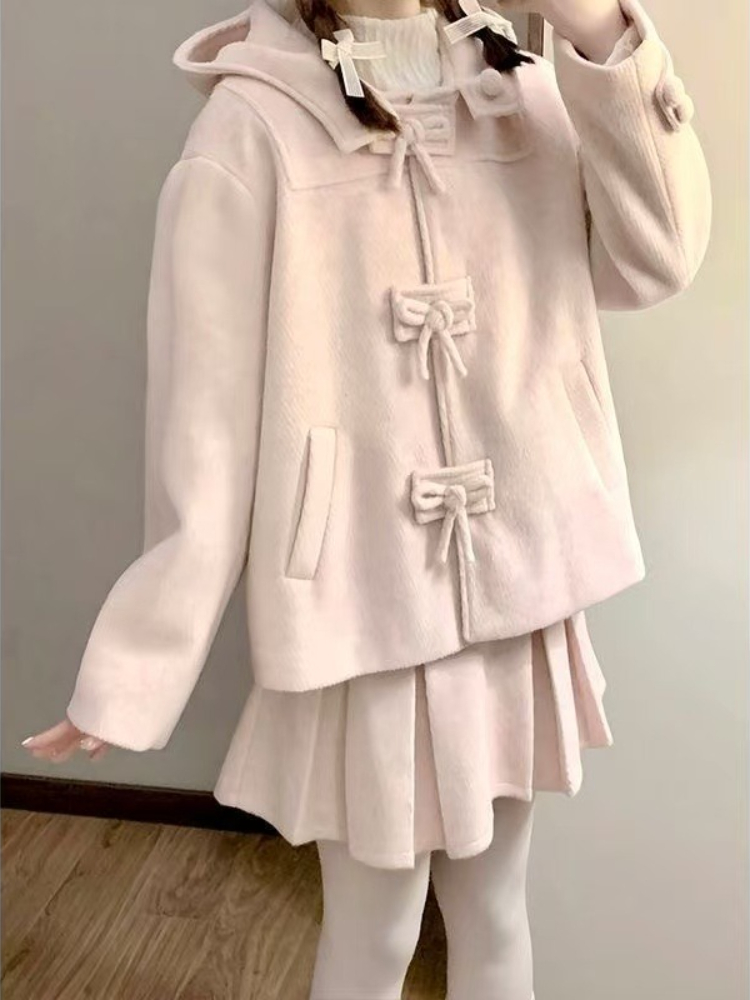 Ensemble 2 pièces en laine rose pour femme, manteau chaud avec nœud + Mini jupe plissée, mode japonaise, tenues de princesse Kawaii, nouvelle collection hiver 2025