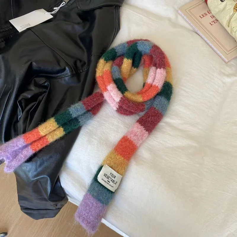 Écharpe fine en laine tricotée avec épissure de couleur chaude, rayé contrasté, saucisse, 2024