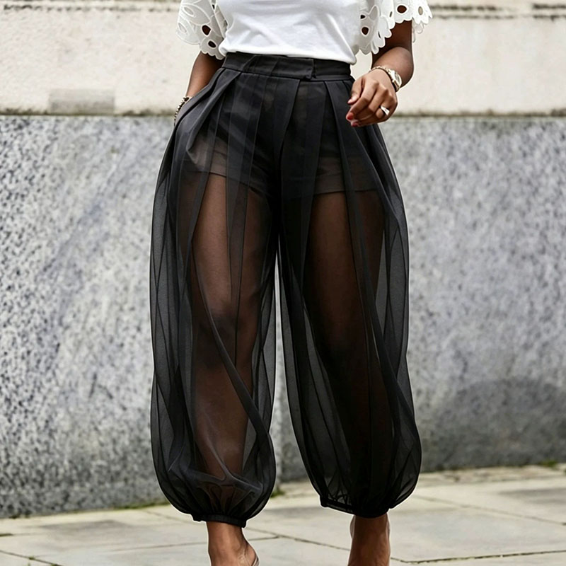 Pantalon de soirée bohème transparent pour femme, taille haute, uni, style harem, avec short intégré, bas élastiqué, coupe lanterne, idéal pour l'été