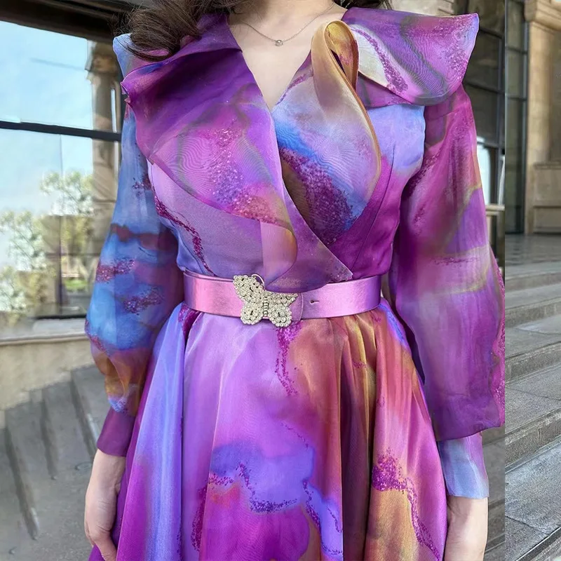Robe longue imprimée à manches longues pour femmes, ceintures, taille serrée, tempérament féminin, élégante, bureau, dame, éducatif, automne, 2024