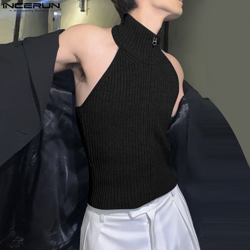 INCERUN hauts 2025 Style coréen mode hommes tricoté Texture col suspendu Design gilets décontracté Streetwear solide fermeture éclair débardeurs