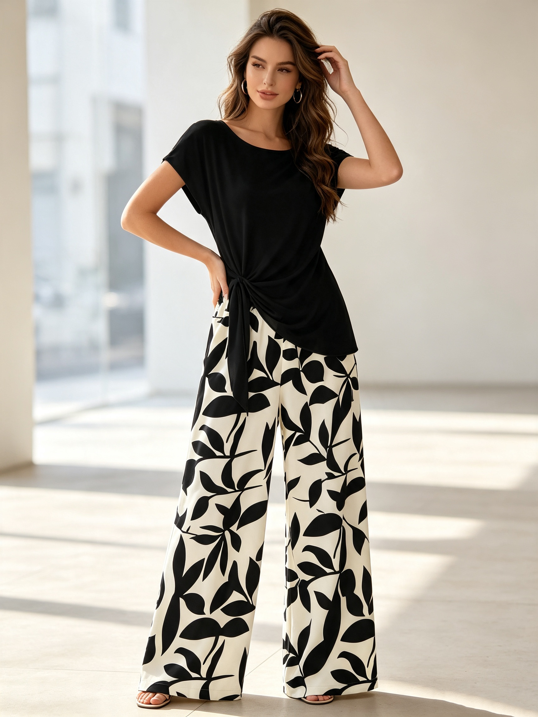 Ensemble deux pièces grande taille pour femmes, style décontracté, t-shirt noir à torsades latérales et pantalon large à imprimé feuilles noir et blanc, tenue décontractée