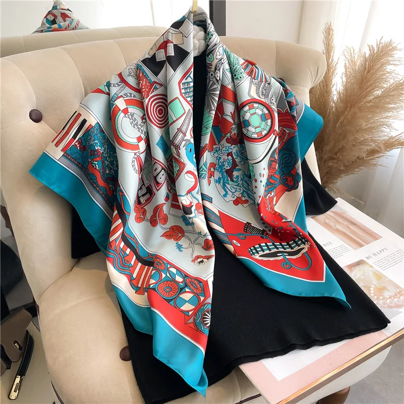 Foulard carré en sergé imprimé pour femme, grand châle, hijab, bandeau de sauna, enveloppes de la présidence, 90cm