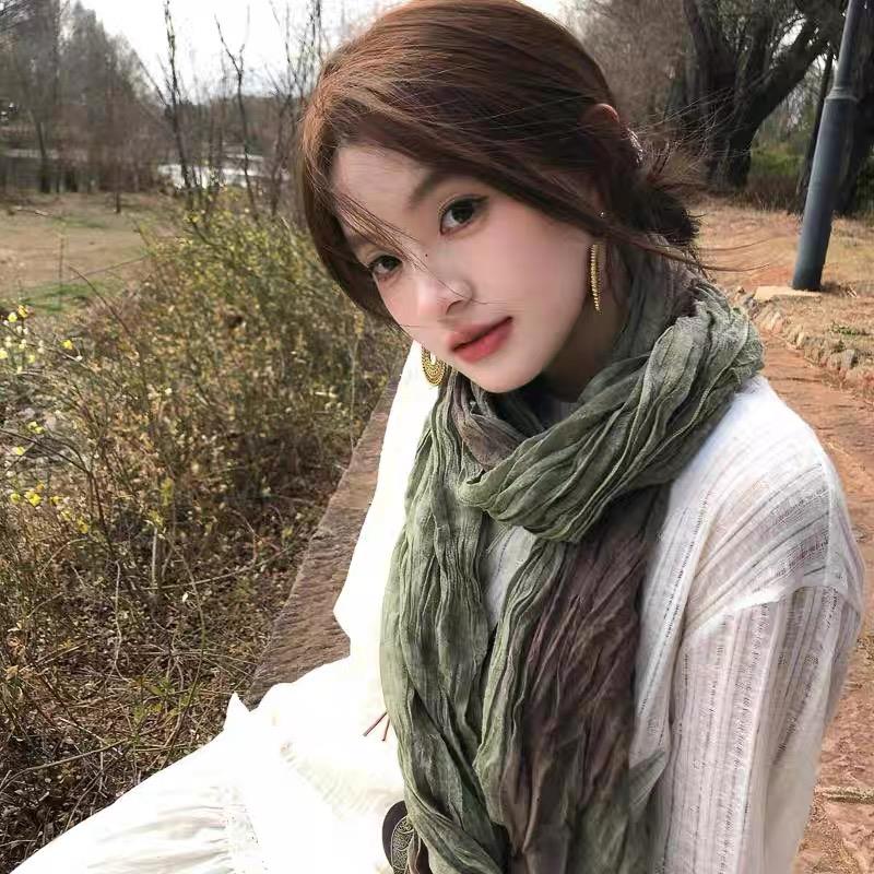 Foulard plissé en coton et chanvre pour femmes, écharpe en lin de couleur dégradée, tendance, châle pliable, coupe-vent, résistant au sable, 2025