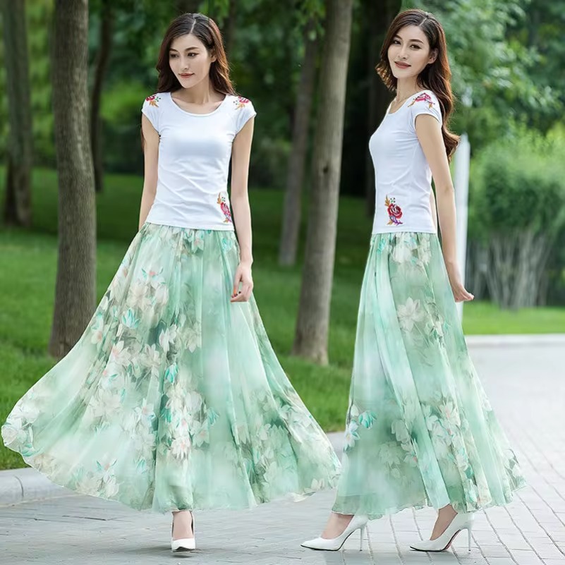 Taille haute femmes été automne jupes en mousseline de soie taille élastique Midi pleine jupe longue imprimer a-ligne mère danse balançoire jupe DURIKIES