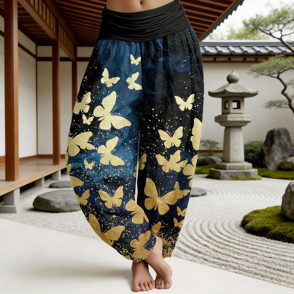 Pantalon Harem pour femme à imprimé Poisson Koi et Galaxie, style Bohème, avec motif Papillon Galaxie, taille élastique, décontracté, pour le yoga et la détente, doux et à coupe ample
