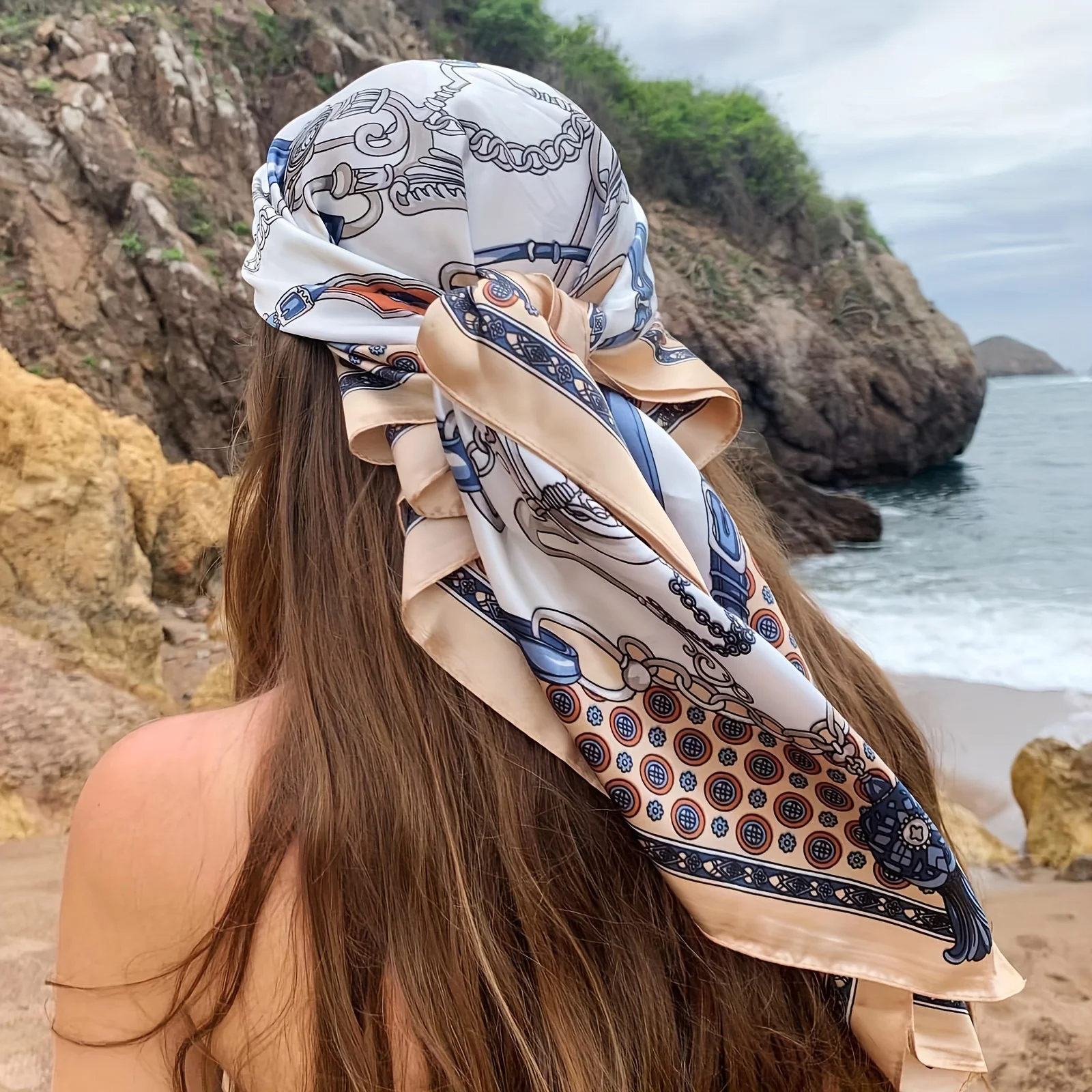 Foulard Hijab carré imprimé chaîne, châle en Satin fin et élégant, foulard de protection solaire pour femmes