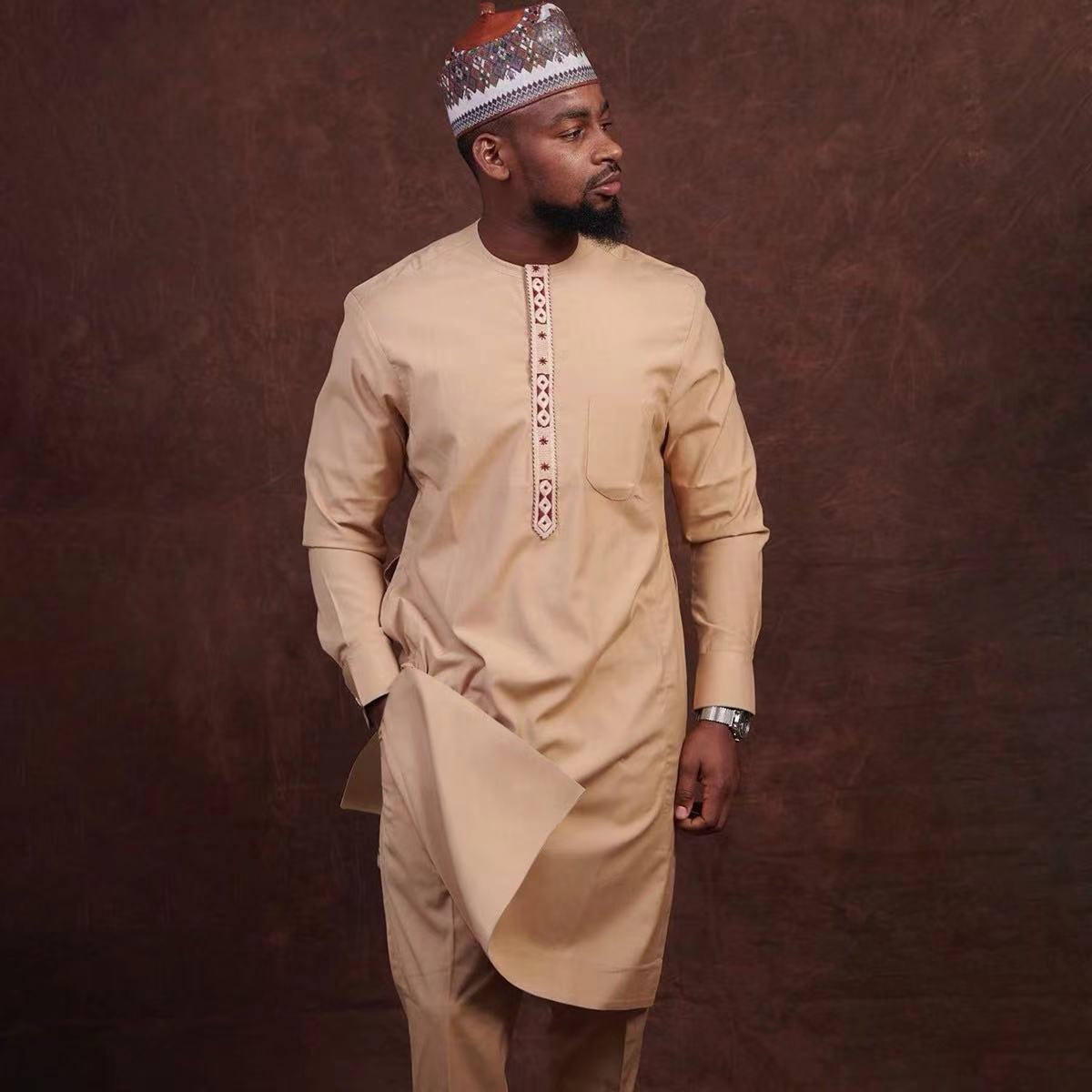 Nouveau caftan costume pour hommes Style ethnique africain à manches longues brodé costume décontracté vêtements traditionnels pour hommes costume 2 pièces