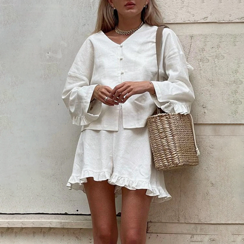 Tenue de salon vintage pour femme, chemise boutonnée à col en V, chemisier à manches longues, taille élastique en Y, short à volants, ensemble décontracté 2 pièces, automne