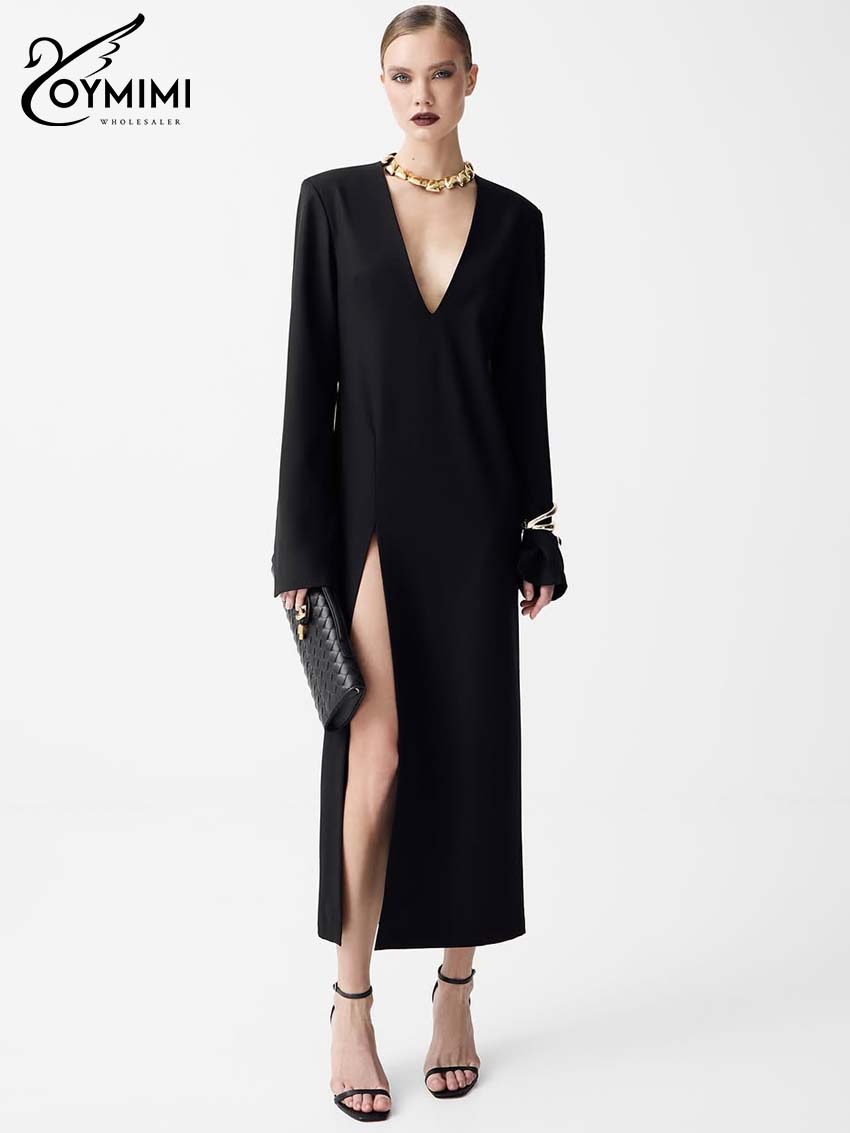 Oymimi élégant noir mince robes 2025 femme décontracté col en v profond à manches longues robes droites mode côté fente mi-mollet robe