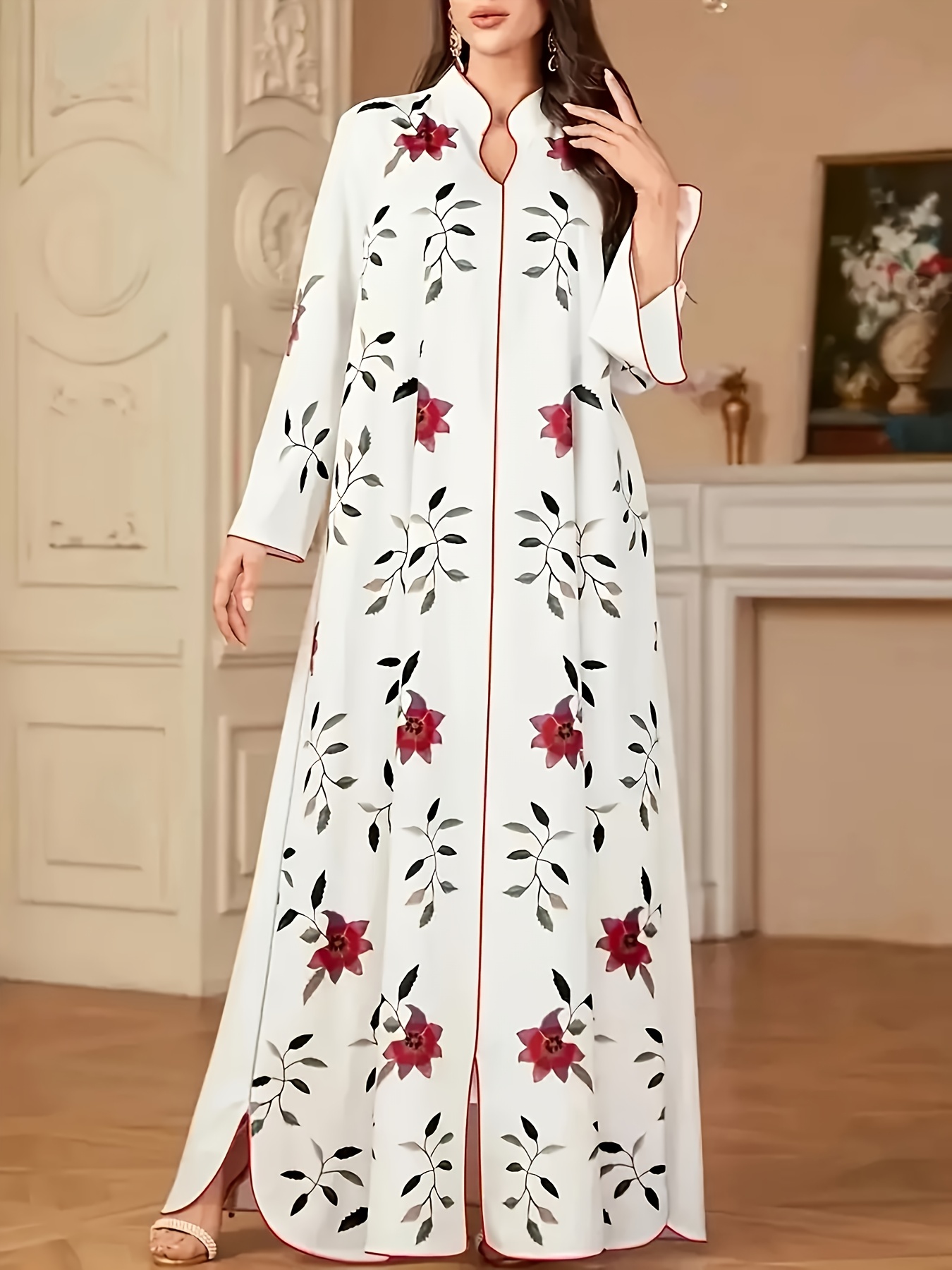 Jupe longue élégante pour femme, style musulman, imprimé Ramadan Aïd, col en V, manches longues, coupe ample, avec fente à l'ourlet