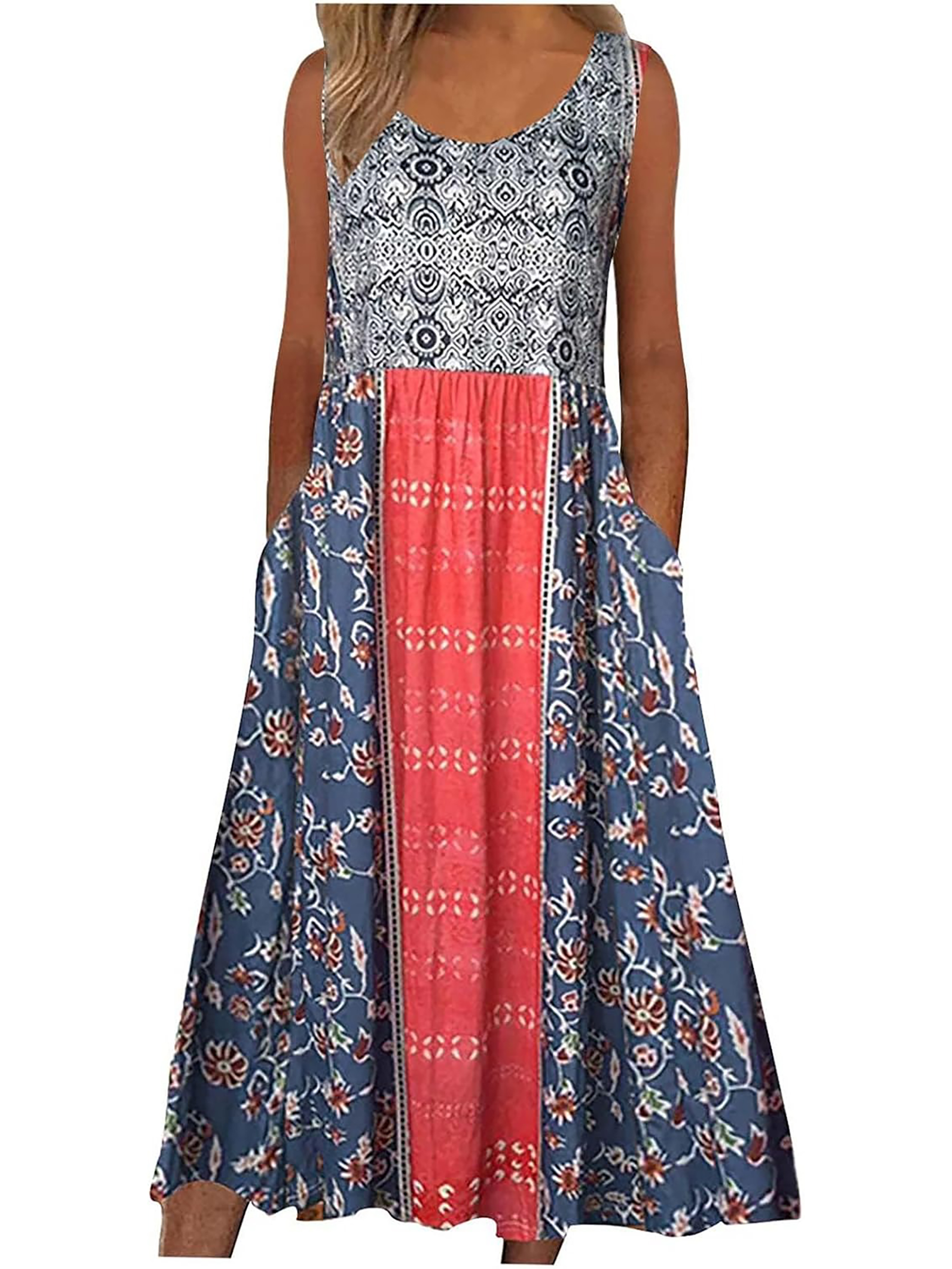 2025 été nouveau! Robe d'été MIDI de plage décontractée à fleurs bohème sans manches pour femmes avec poches fluide et ample