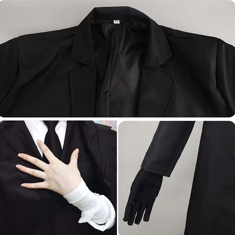 Costume complet pour homme noir : veste longue, gilet, chemise, cravate, gants – Idéal pour Halloween, carnaval, fête, cosplay pour hommes adultes