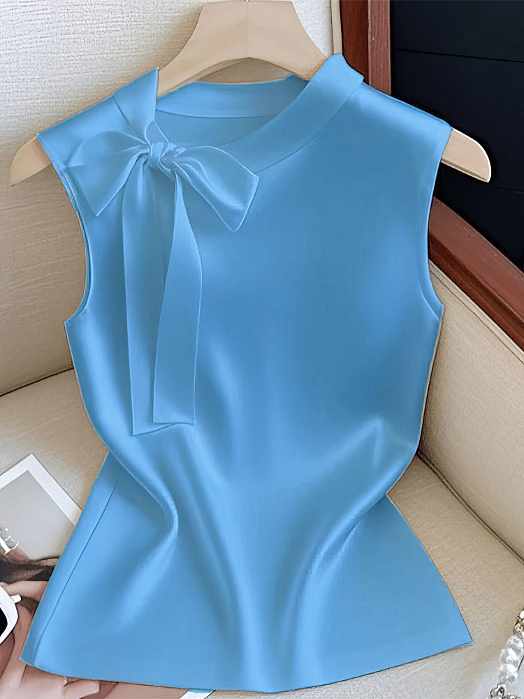 Élégant nœud noué soie Satin épaules dénudées haut sans manches femmes débardeur de base taille haute dame bureau décontracté recadrée t-shirt