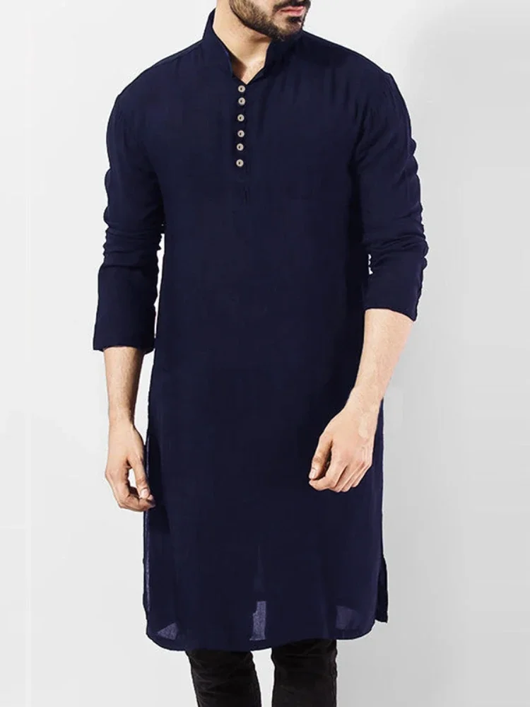 AgreLENMOS Chemise décontractée pour hommes musulmans Chemises à manches longues en coton col montant Vintage Long Y-Indian Vêtements pakistanais Ropa S-5XL