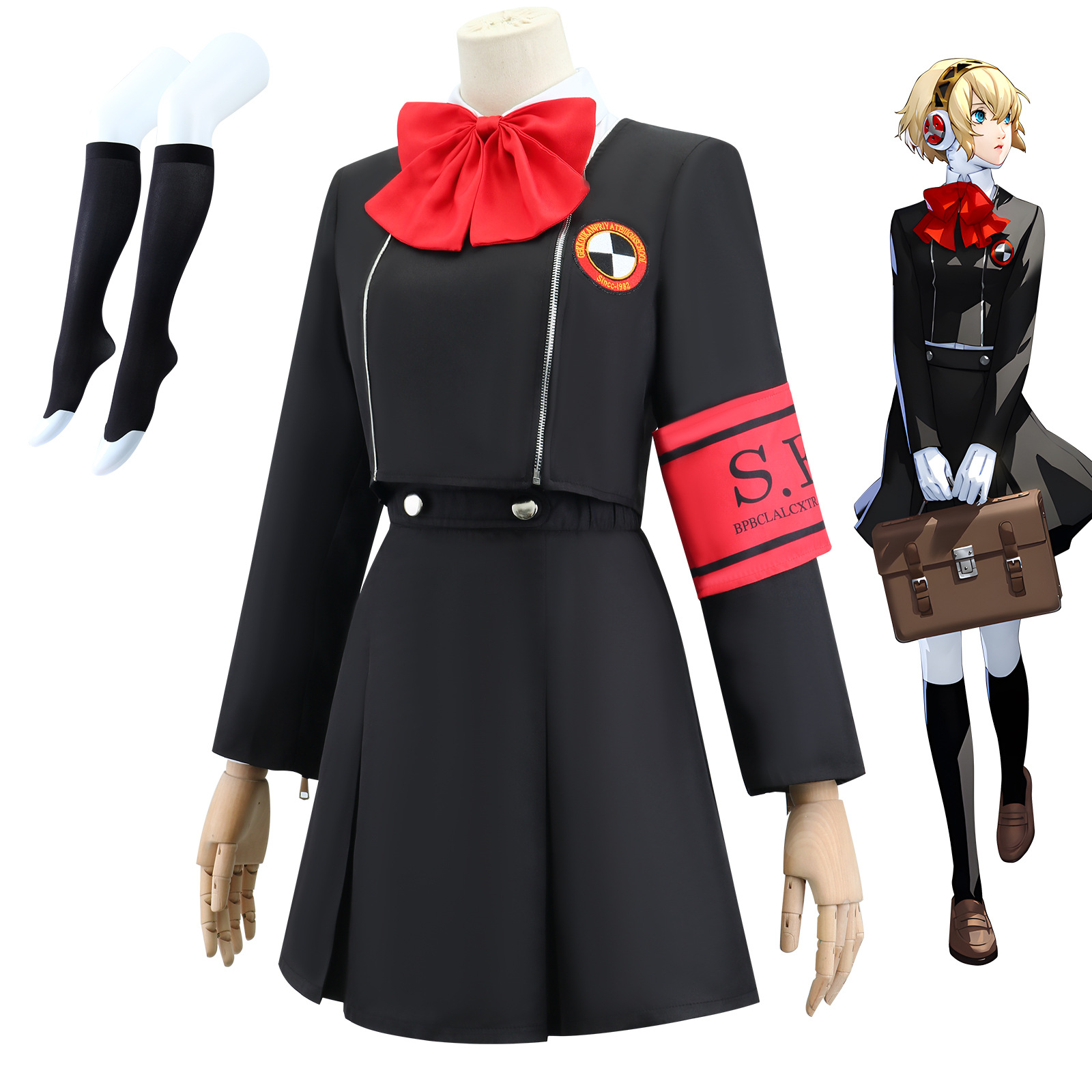 Costume de Cosplay de Aigis Ensemble Uniforme Robe Noire Nœud Rouge Brassard SEES Style Écolier Déguisement pour Fête d'Halloween