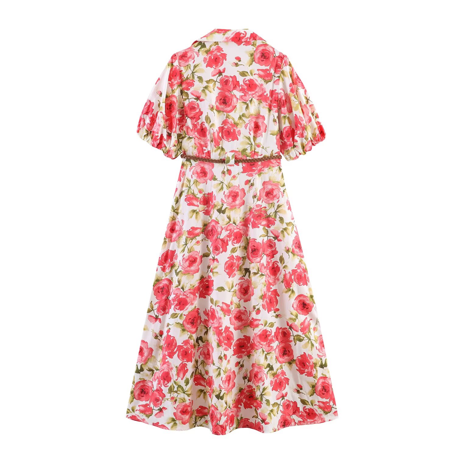 Robes pour femmes, mode féminine d'été, robe à imprimé floral, robe slim avec ceinture, robe chic pour femme, taille haute, col en V, manches courtes bouffantes