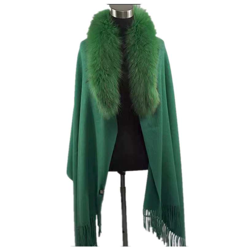 Écharpe de style long avec col en fourrure de renard véritable pour femme, châle moelleux, enveloppes d'hiver, 100% laine