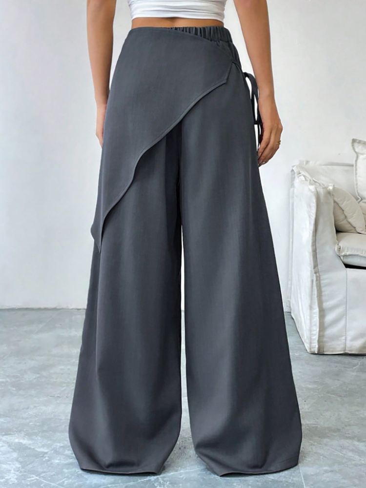 Pantalon de costume élégant asymétrique pour femme, taille haute, coupe ample, jambe large, avec lacets, taille élastique, décontracté