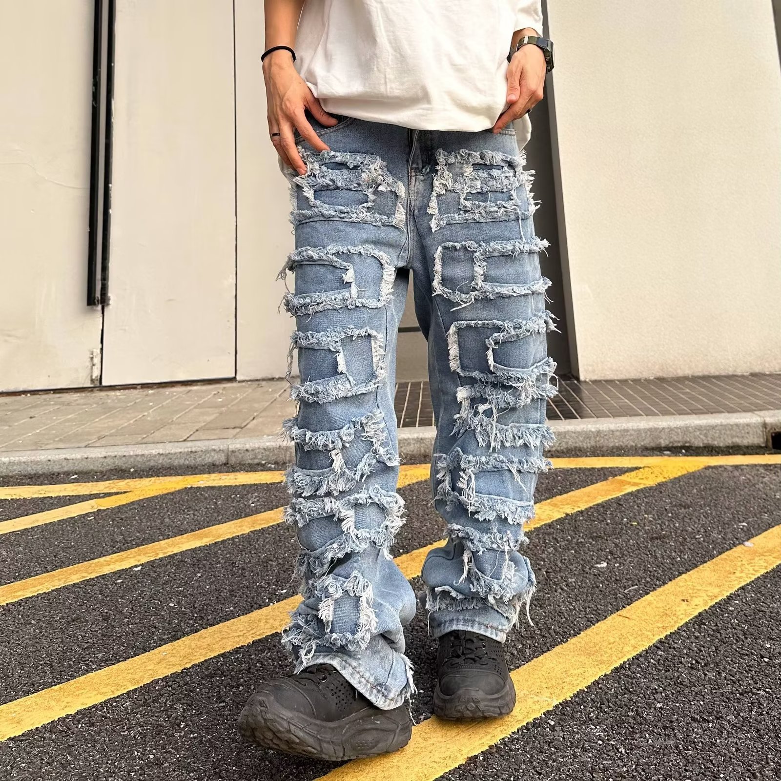 Nouvelle mode jean extensible homme jean empilé taille élastique coupe droite patchwork Denim pantalons longs frange déchiré jean pour hommes