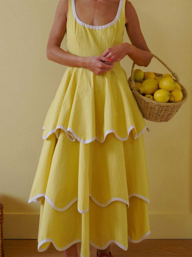 Robe Chic Femme Tendance Col Rond Sans Bretelles Sans Manches à Ourlet Volanté Cascade Nouveauté Été 2026 pour Tenue Quotidienne