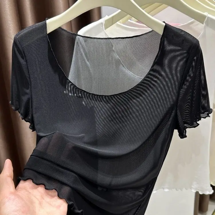 T-shirt en maille de soie glacée à col bas et manches courtes pour femme, style court, transparent, à trame fine, avec bordure renforcée, idéal comme sous-vêtement ou base pour l'été