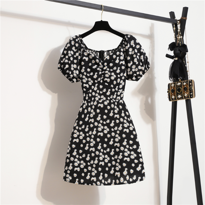 Femmes Mini Robes D'été Mode Femme Robes Imprimé Floral Robes En Mousseline De Soie Fronces Plissée Manches Courtes Bouffantes Robe Décontractée