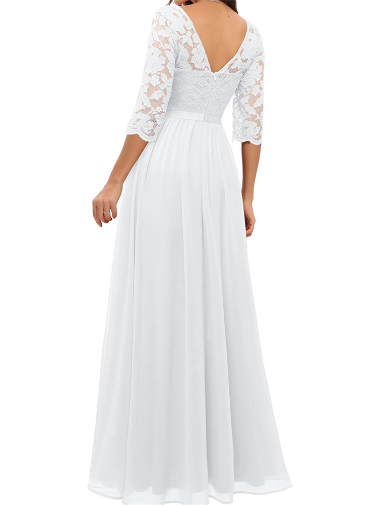 Robe longue en dentelle Patchwork pour femmes, col en v, demi-manches, robes plissées pour fête de mariage, soirée élégante ﻿