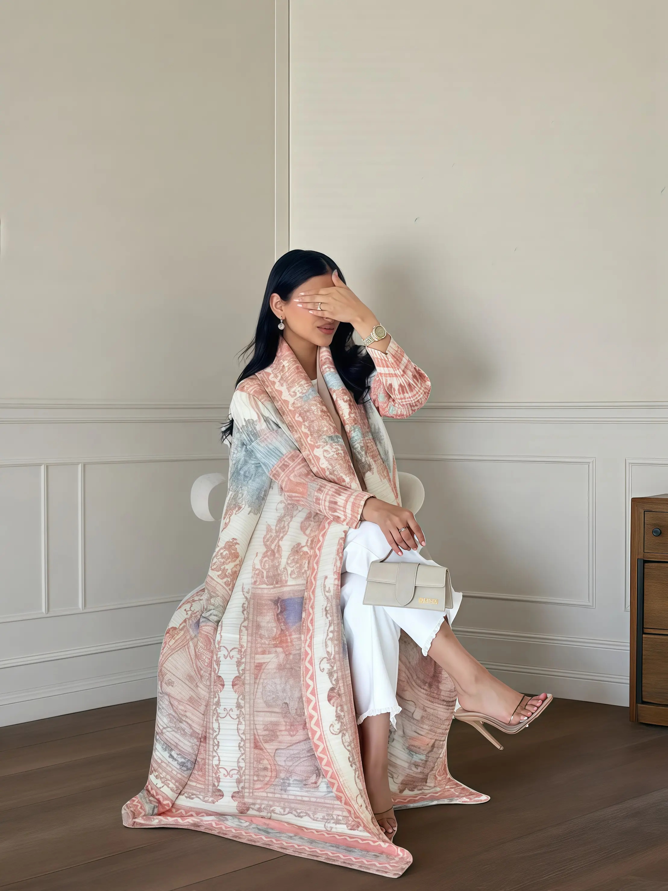 Abaya Miyake élégante à imprimé vintage, ouverte sur le devant, légère et fluide, coupe ample, mode modeste pour femmes, long kimono cardigan