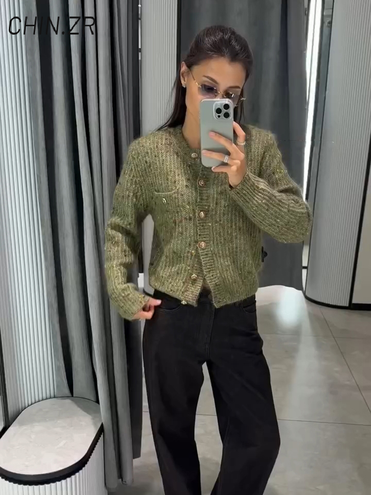 Cardigans courts élégants en maille pour femme, col rond, simple boutonnage, manches longues, pull féminin, collection automne 2026, tricot décontracté pour femme