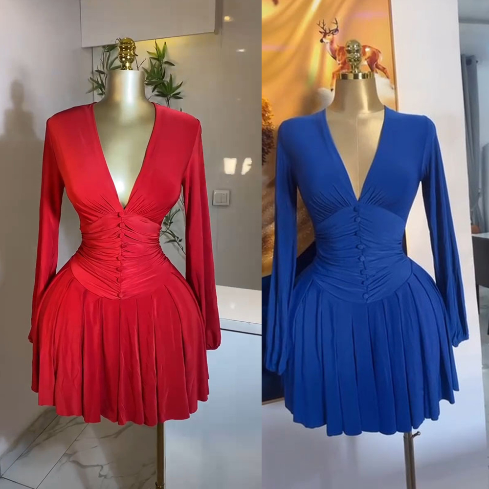 Robes d'été pour femmes, sexy, à manches longues, col en V profond, taille froncée, détail boutonné, mini-robe décontractée couleur sable, dropshipping