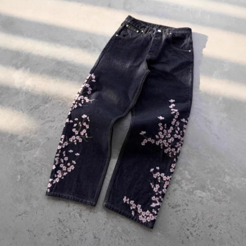 Jeans unisexe Harajuku, streetwear européen et américain, pantalon en denim brodé, coupe ample vintage à motif floral, jambe large droite, décontracté, nouveauté