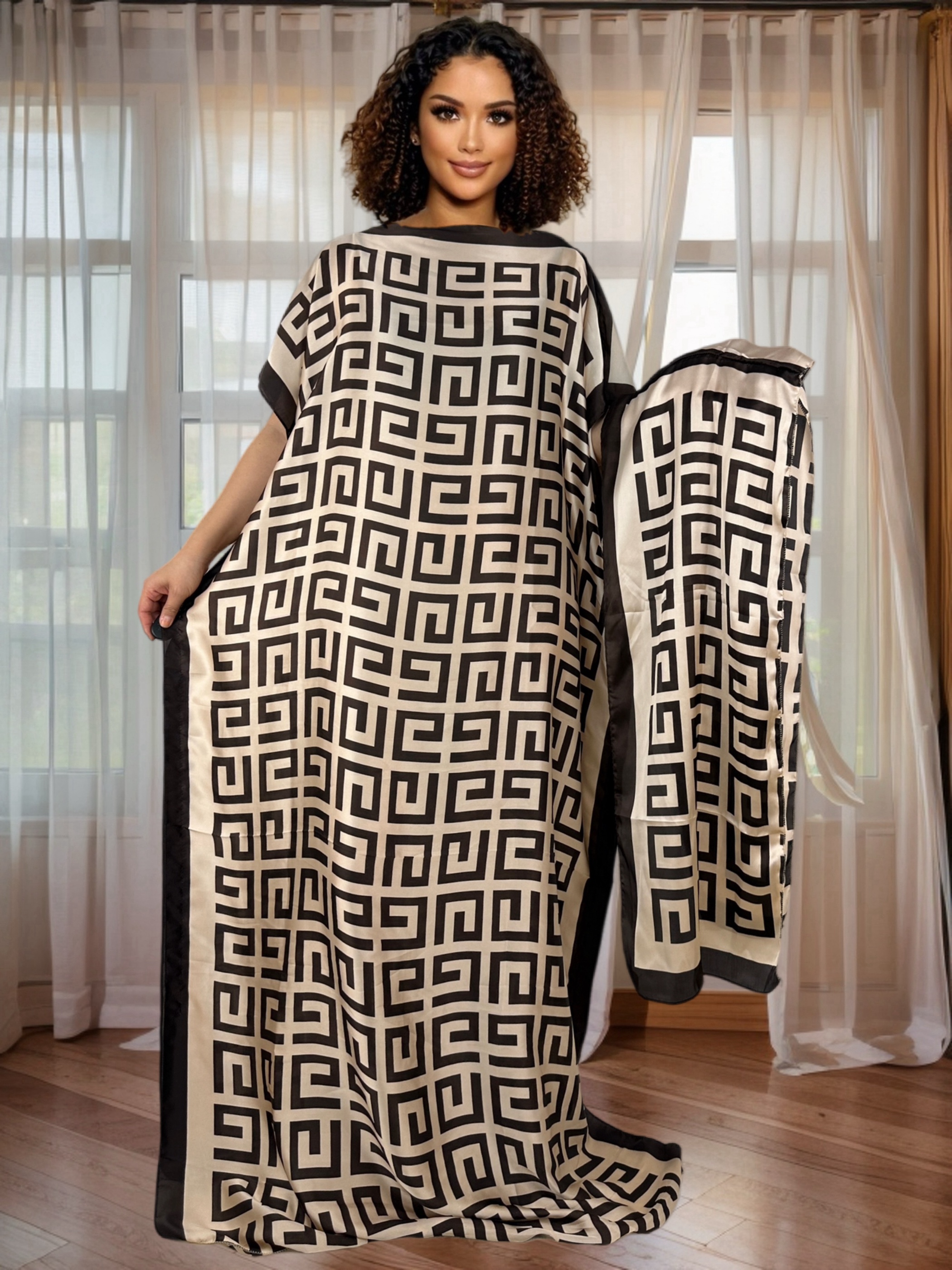 Robe longue caftan élégante à manches chauve-souris, grande taille, imprimé floral, avec foulard
